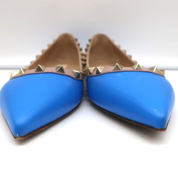 VALENTINO ROCKSTUD BALLET FLATS BLUE & POUDRE LEATHER SIZE 40 POINTED TOE - Picture 5 of 12